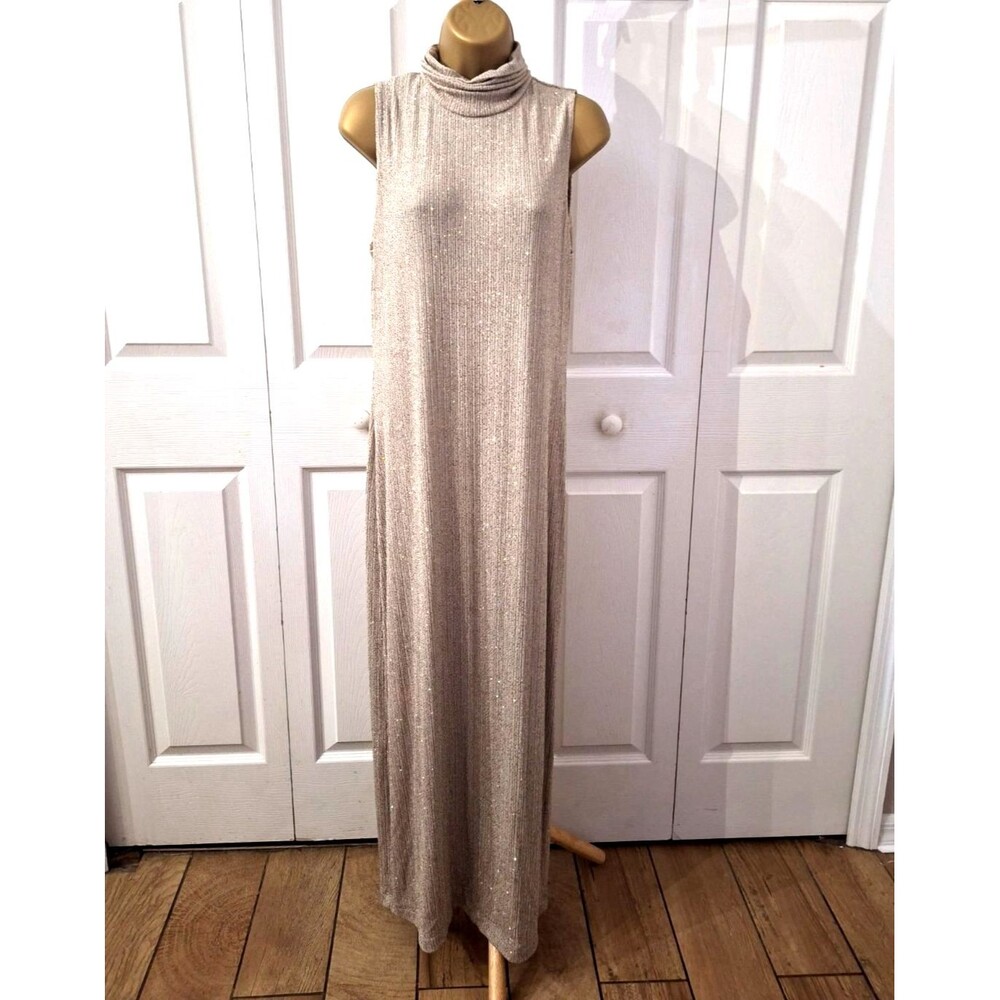 90's Jeffrey Dara Champagne Sleeveless Maxi Dress 12 Stretch Sparkle Glam Formal